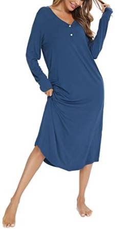 Vlazom Nachthemd Damen Langarm Schlafkleid V-Ausschcnitt Weich Umstandskleid Stillnachthemd Sleepshirt mit Taschen(XXL,Stil B-Kobaltblau) von Vlazom
