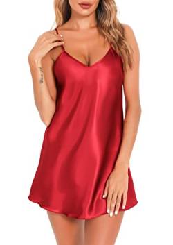 Vlazom Negligee Sexy Nachtwäsche Satin Nachthemd Damen kurzes Nachtkleid V-Ausschnitt Basic Unterkleid (M,Stil B-Rot) von Vlazom