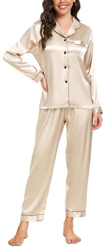 Vlazom Satin Damen Schlafanzug Langarm Pyjama Set mit Knopfleiste Zweiteiliger Hausanzug mit Umlegekragen(L,Champagner) von Vlazom