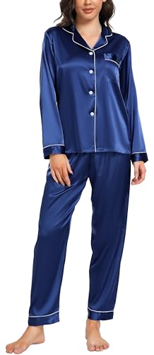 Vlazom Satin Damen Schlafanzug Langarm Pyjama Set mit Knopfleiste Zweiteiliger Hausanzug mit Umlegekragen(L,Dunkelblau) von Vlazom