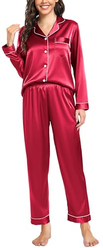 Vlazom Satin Damen Schlafanzug Langarm Pyjama Set mit Knopfleiste Zweiteiliger Hausanzug mit Umlegekragen(L,Rot) von Vlazom