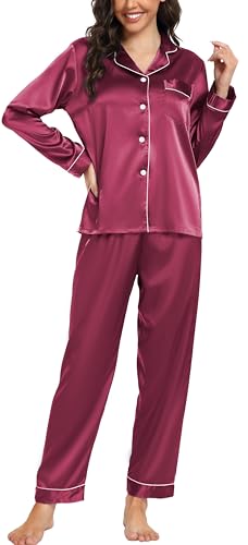 Vlazom Satin Damen Schlafanzug Langarm Pyjama Set mit Knopfleiste Zweiteiliger Hausanzug mit Umlegekragen(L,Weinrot) von Vlazom