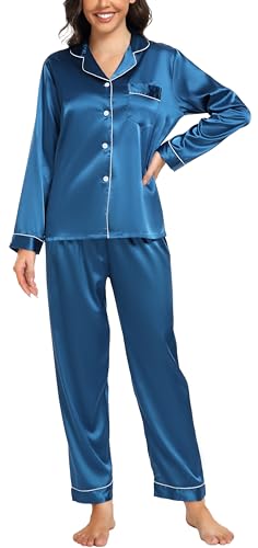 Vlazom Satin Damen Schlafanzug Langarm Pyjama Set mit Knopfleiste Zweiteiliger Hausanzug mit Umlegekragen(M,Pfauenblau) von Vlazom