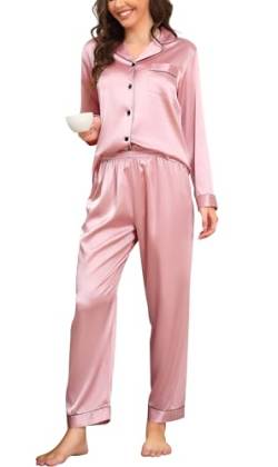 Vlazom Satin Damen Schlafanzug Langarm Pyjama Set mit Knopfleiste Zweiteiliger Hausanzug mit Umlegekragen(M,Rosa) von Vlazom