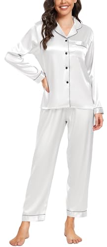 Vlazom Satin Damen Schlafanzug Langarm Pyjama Set mit Knopfleiste Zweiteiliger Hausanzug mit Umlegekragen(M,Weiß) von Vlazom