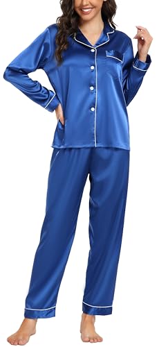 Vlazom Satin Damen Schlafanzug Langarm Pyjama Set mit Knopfleiste Zweiteiliger Hausanzug mit Umlegekragen(S,Blau) von Vlazom