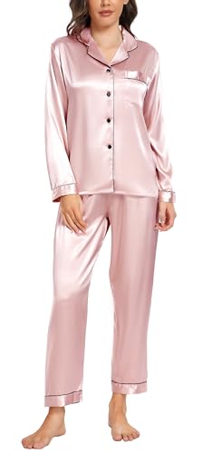 Vlazom Satin Damen Schlafanzug Langarm Pyjama Set mit Knopfleiste Zweiteiliger Hausanzug mit Umlegekragen(S,Hellrosa) von Vlazom