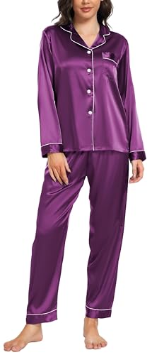 Vlazom Satin Damen Schlafanzug Langarm Pyjama Set mit Knopfleiste Zweiteiliger Hausanzug mit Umlegekragen(S,Violett) von Vlazom