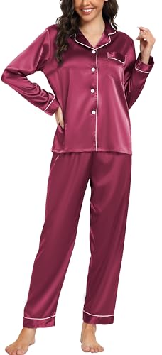 Vlazom Satin Damen Schlafanzug Langarm Pyjama Set mit Knopfleiste Zweiteiliger Hausanzug mit Umlegekragen(S,Weinrot) von Vlazom