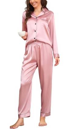 Vlazom Satin Damen Schlafanzug Langarm Pyjama Set mit Knopfleiste Zweiteiliger Hausanzug mit Umlegekragen(XXL,Rosa) von Vlazom