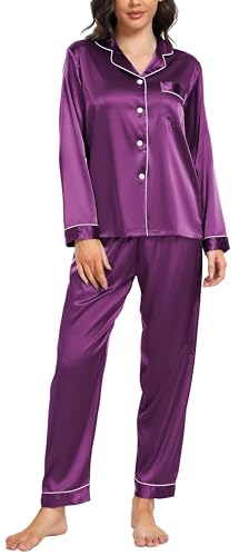 Vlazom Satin Damen Schlafanzug Langarm Pyjama Set mit Knopfleiste Zweiteiliger Hausanzug mit Umlegekragen(XXL,Violett) von Vlazom