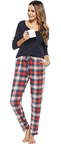 Vlazom Schlafanzug Lang Zweiteiliger Damen Schlafanzug Damen Winter Pyjama mit Karierter Hose Langarm Pyjama Set(XXL,Stil 2-Blau) von Vlazom