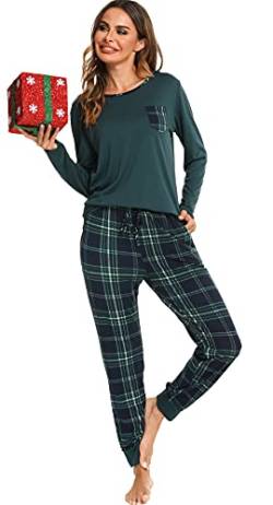 Vlazom Schlafanzug Lang Zweiteiliger Damen Schlafanzug Rundausschnitt Damen Pyjama Set mit Karierter Hose Langarm Pyjama Set(L,Stil 3-Grün) von Vlazom