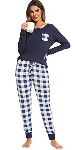 Vlazom Schlafanzug Lang Zweiteiliger Damen Schlafanzug Rundausschnitt Damen Pyjama Set mit Karierter Hose Langarm Pyjama Set(M,Stil 3-Marineblau von Vlazom