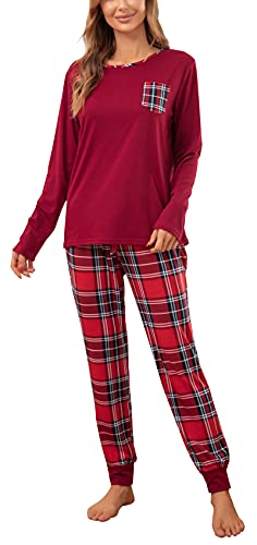 Vlazom Schlafanzug Lang Zweiteiliger Damen Schlafanzug Rundausschnitt Damen Pyjama Set mit Karierter Hose Langarm Pyjama Set(XL,Stil 3-Rot von Vlazom