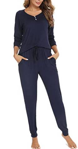 Vlazom Schlafanzug Langarm Winter Zweiteiliger Pyjama warm Set für Damen Zuhauseanzug Sleepwear(XXL,Stil A-Marineblau) von Vlazom