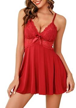 Vlazom Sexy Nachthemd Damen Spitzen Nachtkleid V-Ausschnitt Sexy Babydoll mit G-String（S,Weinrot） von Vlazom