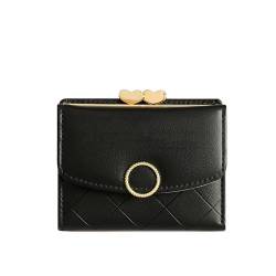 Vllcsla PU-Leder Portemonnaie für Damen Small Size - Kompakte Kurze Brieftasche mit Kartenfächern und ID-Fenster, Mädchen süße Kurze Geldbörse mit Münzfach (Schwarz) von Vllcsla