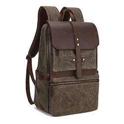 Vmokki Wanderrucksack 15,6 Zoll Laptop Rucksack Schulrucksack Wasserdicht Anti Diebstahl Groß Vintage Echtleder Canvas Herren Damen Outdoor Uni Reise Wandern Schule (Grün) von Vmokki