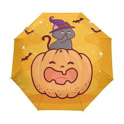 Kürbis Katze Süß Halloween Regenschirm Taschenschirm Kinder Jungen Mädchen UV-Schutz Auf-Zu Automatik Umbrella Verstärkt Winddichte Zusammenklappbar von Vnurnrn