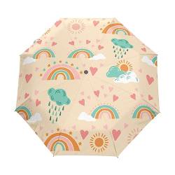 Regenbogen Herzen Berg Sonne Gelb Regenschirm Taschenschirm Kinder Jungen Mädchen UV-Schutz Auf-Zu Automatik Umbrella Verstärkt Winddichte Zusammenklappbar von Vnurnrn