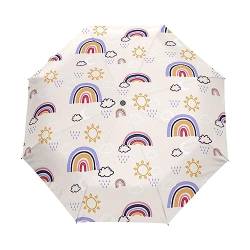 Regenbogen Sonne Wolke Handgemälde Regenschirm Taschenschirm Kinder Jungen Mädchen UV-Schutz Auf-Zu Automatik Umbrella Verstärkt Winddichte Zusammenklappbar von Vnurnrn