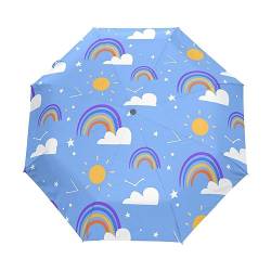 Regenbogen Wolken Cartoon Sonne Regenschirm Taschenschirm Kinder Jungen Mädchen UV-Schutz Auf-Zu Automatik Umbrella Verstärkt Winddichte Zusammenklappbar von Vnurnrn