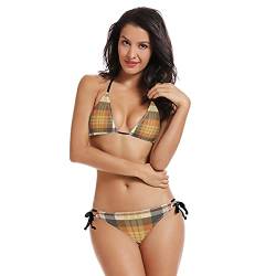 Vnurnrn Beige Karierter Tartanbüffel Damen Bikini Set Triangel Rückenfrei Bikinioberteil Verstellbarer Bademode Zweiteiliger Badeanzug für Frauen von Vnurnrn