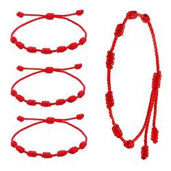 Voarge 4 Stück 7 Knoten Rotes Garn Armband Armband Rot Verstellbares Armband Glücksknoten Armband Handmade für Frauen Männer Freundschaft, Baumwollseil von Voarge