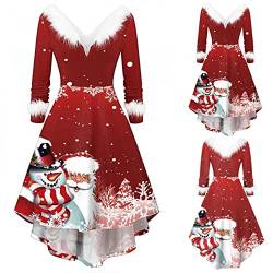 Voberry Weihnachten Kleid Damen Santa Claus Weihnachtskleider Partykleid Weihnachtskleid Hirsch-Muster Aufdruck Festliches V-Kragen Weihnachtsmann Kleid von Voberry