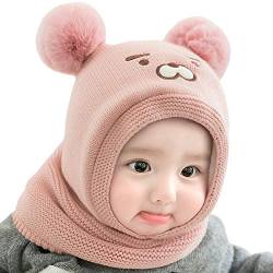 Vobozeany Baby schlupfmütze Warm Niedlich Bär Wintermütze Schalmütze Strickmütze mit Bommel Fleecefutter Beanie Mütze von Vobozeany