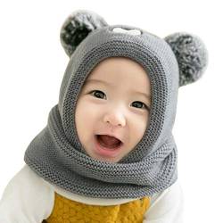 Vobozeany Baby schlupfmütze Warm Niedlich Bär Wintermütze Schalmütze Strickmütze mit Bommel Fleecefutter Beanie Mütze von Vobozeany