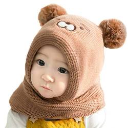 Vobozeany Baby schlupfmütze Warm Niedlich Bär Wintermütze Schalmütze Strickmütze mit Bommel Fleecefutter Beanie Mütze von Vobozeany