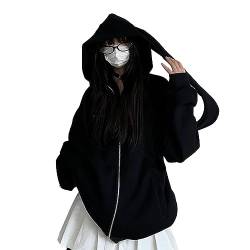 Damen Y2k Clothes Zip up Hoodie - Kawaii Rabbit Ears Cute E-Girl Crop Tops (Black-Long,M,M) von Vocha