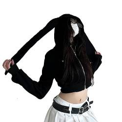 Damen Y2k Clothes Zip up Hoodie - Kawaii Rabbit Ears Cute E-Girl Crop Tops (Black-Short,S,S) von Vocha