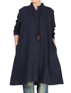 Vogstyle Damen Herbst Baumwolle Leinen Voller vorderer Knopf Blouse Kleid mit Taschen Style 1 Medium Navy von Vogstyle