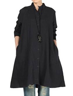 Vogstyle Damen Herbst Baumwolle Leinen Voller vorderer Knopf Blouse Kleid mit Taschen Style 1 X-Large Black von Vogstyle