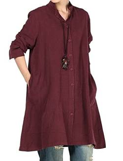 Vogstyle Damen Herbst Baumwolle Leinen Voller vorderer Knopf Blouse Kleid mit Taschen Style 1 XX-Large Red von Vogstyle