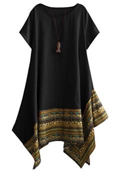 Vogstyle Damen Sommer Kleid Kurzarm Unregelmäßige Saum Ethnisch Mischfarben Baumwolle Leinen Lang Bluse Shirt, L, Schwarz von Vogstyle