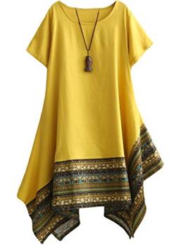 Vogstyle Damen Sommer Kleid Kurzarm Unregelmäßige Saum Ethnisch Mischfarben Baumwolle Leinen Lang Bluse Shirt, XL, Gelb von Vogstyle