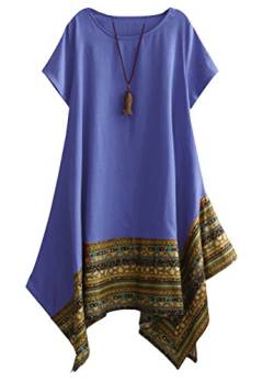 Vogstyle Damen Sommer Kleid Kurzarm Unregelmäßige Saum Ethnisch Mischfarben Baumwolle Leinen Lang Bluse Shirt Blue L von Vogstyle