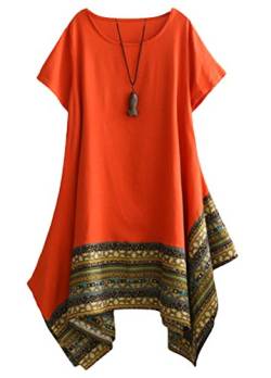 Vogstyle Damen Sommer Kleid Kurzarm Unregelmäßige Saum Ethnisch Mischfarben Baumwolle Leinen Lang Bluse Shirt Orange L von Vogstyle