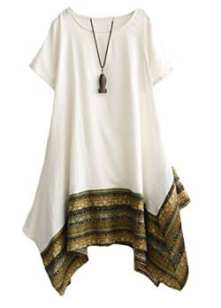 Vogstyle Damen Sommer Kleid Kurzarm Unregelmäßige Saum Ethnisch Mischfarben Baumwolle Leinen Lang Bluse Shirt White L von Vogstyle