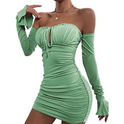 Volemo Damen Sexy Schulterfreies Bodycon Minikleid Volant Langarm Rüscht Tie Front Korsett Club Kurzes Kleid, Hellgrün, X-Klein von Volemo