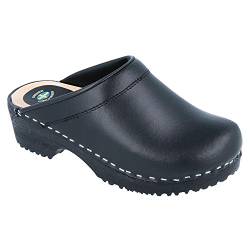 Vollsjö Damen Clogs Aus Holz Und Leder Hausschuhe Schwarz Holzschuhe Clogs Für Frauen, Modisch Und Gemütlich Freizeitschuhe, Heimschuhe, Hergestellt In Der EU, 36, Schwarz von Vollsjö