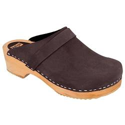 Vollsjö Herren Clogs Aus Holz Und Leder/Wildleder Hausschuhe Holzschuhe Clogs Für Männer, Modisch Und Gemütlich Freizeitschuhe, Heimschuhe, Hergestellt In Der EU, 42, Wildleder-Dunkelbraun von Vollsjö