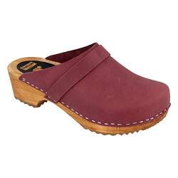 Vollsjö Herren Clogs Aus Holz Und Leder/Wildleder Hausschuhe Holzschuhe Clogs Für Männer, Modisch Und Gemütlich Freizeitschuhe, Heimschuhe, Hergestellt In Der EU, 42, Wildleder-Weinrot von Vollsjö