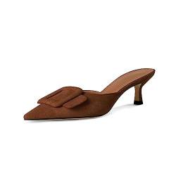 Volrina Damen Schnalle Flache Pantoletten: Spitze Zehe Niedrige Kitten Heel Hausschuhe Wildleder Loafers Schuhe Slides Backless Kleid Sandalen, Braun, 40 EU von Volrina