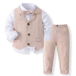 Volunboy Baby Anzug Jungen Anzugweste Hemd mit Fliege für Festlich Hochzeit Bekleidung Set 4tlg(12-18 Monate,Leinen,Größe 80) von Volunboy