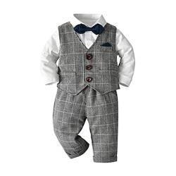 Volunboy Baby Anzug Jungen Anzugweste Hemd mit Fliege für Festlich Hochzeit Bekleidung Set 4tlg（18-24 Monate，Grau-Plaid，Größe 90） von Volunboy